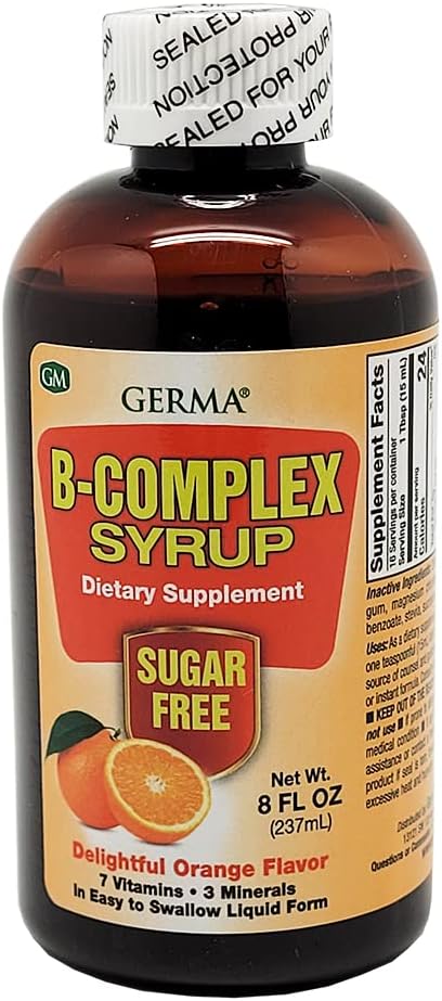 Germa B-Complex Syrup. Dietary Supplement. Bone Health Growth and Development Aid. Sugar Free. Orange Flavor. 8 oz. Pack of 3