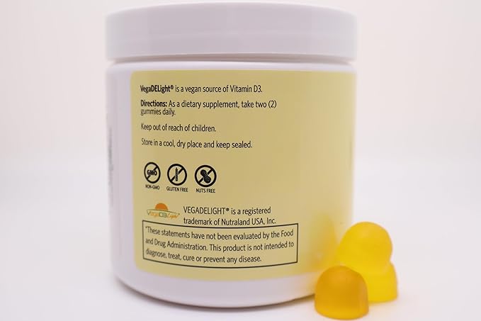 Certified Vegan Vitamin D3 Gummies – 1000 IU per Gummy | Lemon Flavor | Plant-Based &amp Limited-Ingredient | Non-GMO Gluten-Free Soy-Free | Immune &amp Bone Health Support for Adults Seniors &a