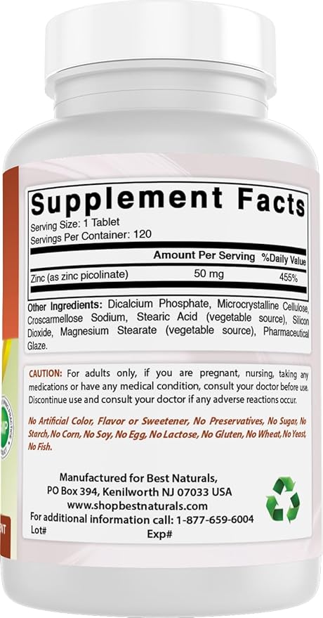 Best Naturals Zinc 50mg Supplements (as Zinc Picolinate) - Vitamins for Adults Immune Support - 120 Tablets (120 Count (Pack of 3))