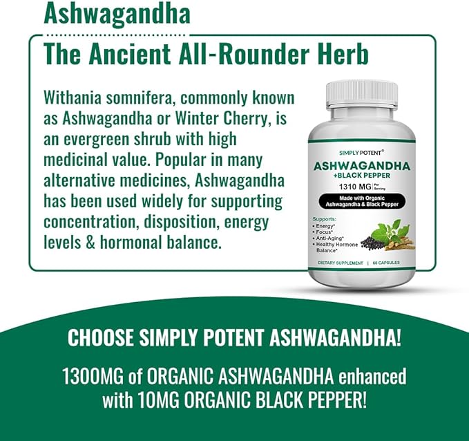 Simply Potent Ashwagandha Capsules Organic Ashwagandha Supplement with Black Pepper High Absorption Ashwagandha Root Pills 650 mg Ashwagandha Extract for Stress Immune Energy &amp Mood Support 60