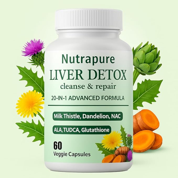 Nutrapure Liver Support Supplement Capsules 20-in-1 Formula with Milk Thistle Turmeric &amp Inositol Antioxidant &amp Daily Wellness Support 60 Veggie Capsules