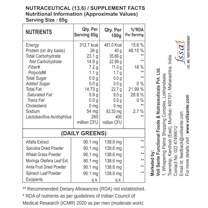 Voll Pro Plant Protein Bar with Daily Greens - High Protein 26g Fiber 7g 0g Sugar - Crunchy Delicious Nutrient-Rich Protein Bars 65g Bar (Pack of 12) (Pack of 12)