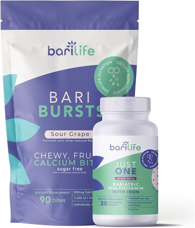 Bari Life Just One Chewable: Once Daily Bariatric Multivitamin + Iron and and BariBurst Calcium Citrate Soft Chews for Gastric Bypass Gastric Sleeve and Duodenal Switch (Sour Grape)