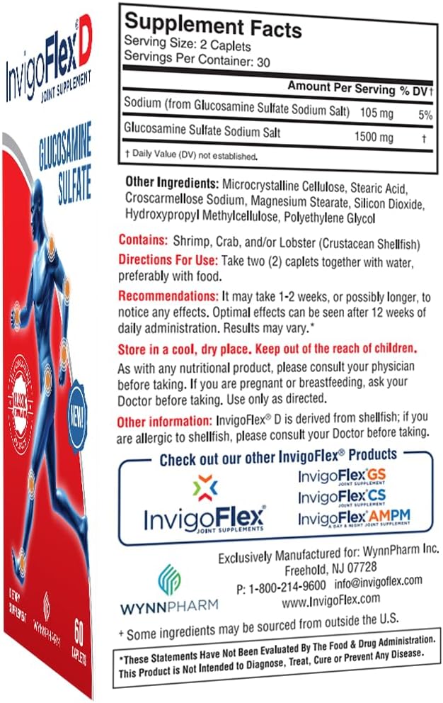 INVIGOFLEX® D - 1500mg of Glucosamine Sulfate (Classic Formulation) - Premium Joint Supplement for Knees Hands Back &amp Hip Support D: Glucosamine Sulfate Caplets - 60 Ct (Pack of 3)