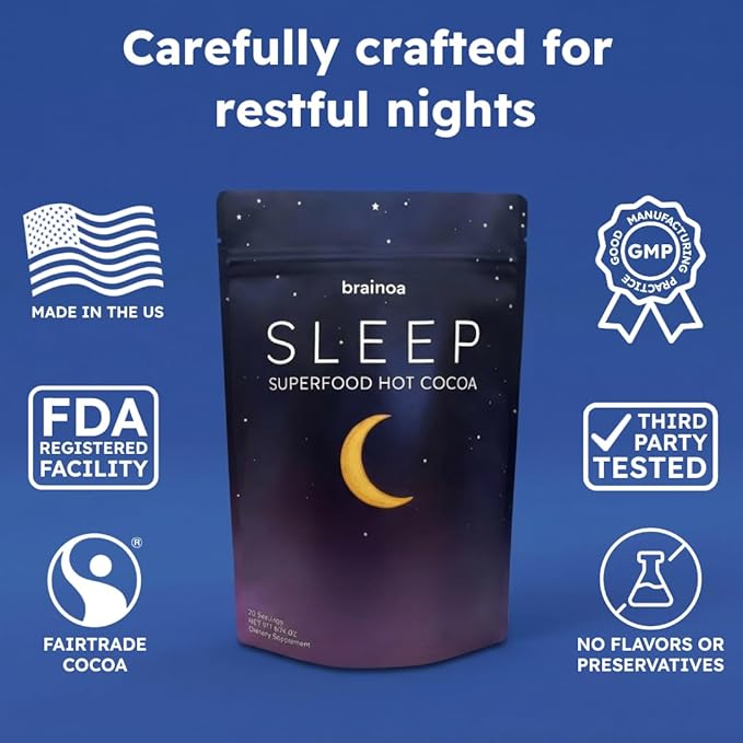 Brainoa Sleep Cocoa for Chocolate Lovers – With Magnesium Glycinate Ashwagandha Reishi Mushroom &amp L-Theanine – Bedtime Sleep Aid Drink for Adults – No Melatonin Added Sugar or Artificial Flavo