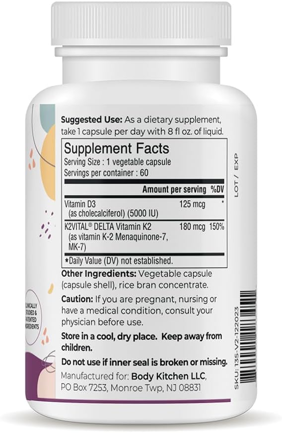 Body Kitchen Vegan Plant-Based Vitamin D3 + K2 (MK7) Supplement Bone and Heart Health Non-GMO 5000 IU Vitamin D &amp 180 mcg Vitamin K2 MK-7 Easy to Swallow Veggie Caps 60 Count