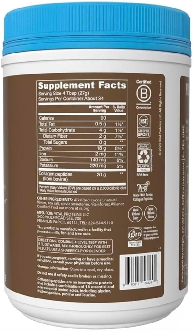Vital Collagen Protein Peptides Pasture Raised Grass Fed Zero Sugar Dairy Free Chocolate 32 OZ 2 Pack