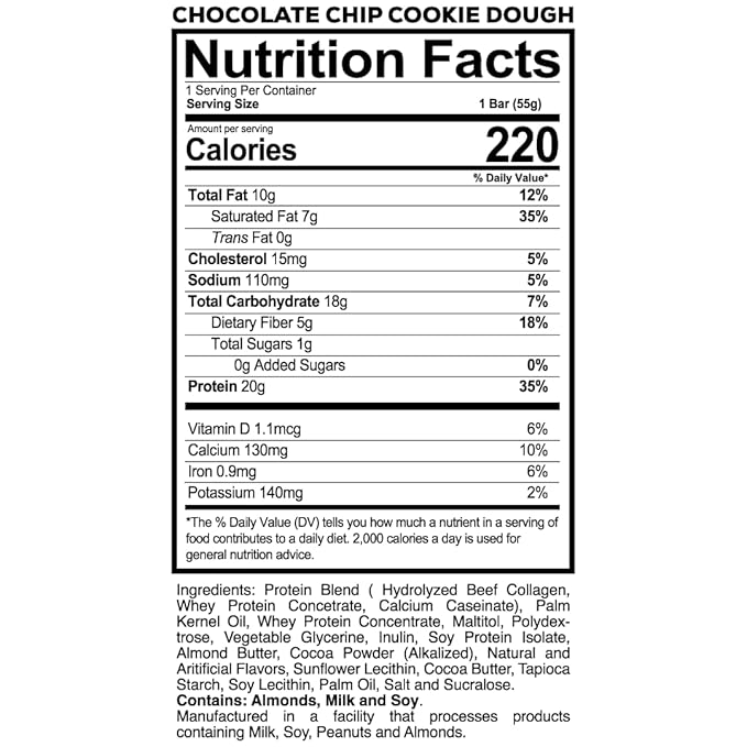 REDCON1 MRE Protein Bars Chocolate Chip Cookie Dough - 1 Count 20g High Protein Snack - Nutrition Bar with 1g Total Sugars - On-The-Go Breakfast or Post-Workout Snack (1 Serving)