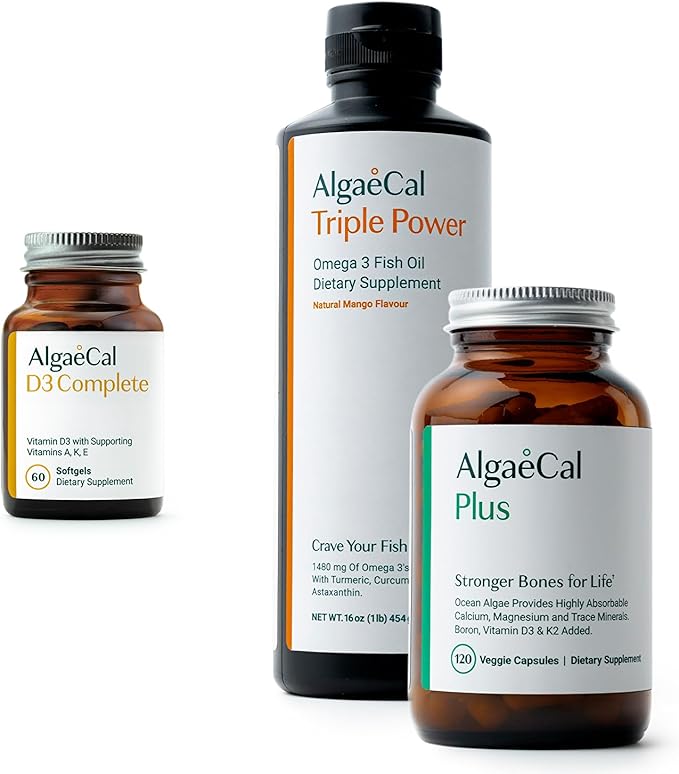 ALGAECAL Bundle - Vitamin D3 Complete (1000 IU) + Vitamins K2 E &amp A &amp Plant-Based Calcium for Stronger Bones &amp Fish Oil Omega 3 1200mg EPA DHA