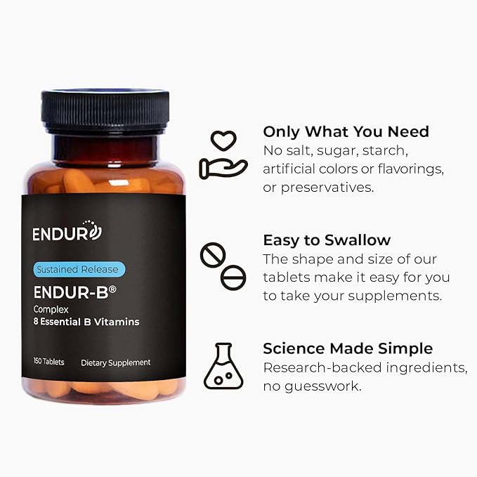 ENDUR-B Complex - SR (Sustained Release) Energy Healthy Aging Cardiovascular Support - B2 B3 B5 B6 Folic Acid B12 Biotin - Designed for Optimum Nutrient Delivery - 150 Tablets
