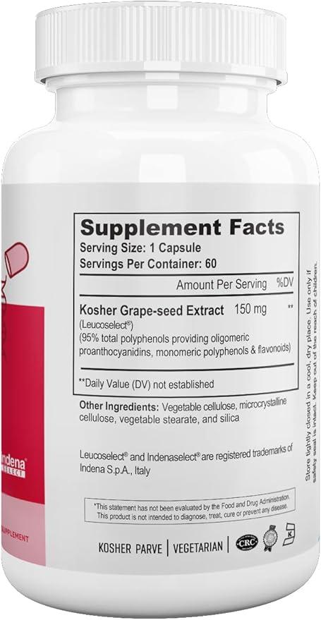 Nutri Supreme Grapeseed Extract Leucoselect Polyphenols for Super Antioxidant Support Cardiovascular Health Kosher Certified 60 Capsules