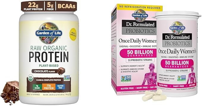 Garden of Life Vegan Protein Powder - 22g Raw Plant Protein BCAAs Probiotics &amp Digestive Enzymes &amp Dr. Formulated Women's Probiotics Once Daily 16 Strains 50 Billion 30 Count