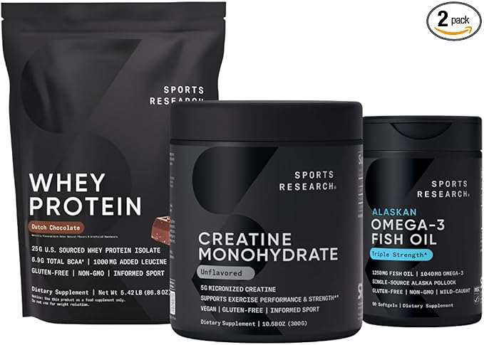 Sports Research Whey Protein &amp Creatine Monohydrate The Dynamic Duo for Lean Muscle Building Performance Strength &amp Workout Recovery and Triple Strength Omega 3 Packed with EPA &amp DHA Fat