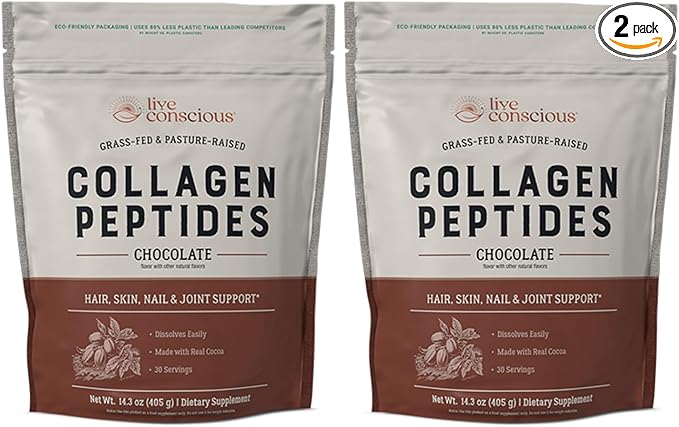 Live Conscious Collagen Peptides Powder - Chocolate Collagen Powder - Hair Skin Nail and Joint Support - Type I &amp III Grass-Fed Collagen Supplements for Women and Men (2-Pack)
