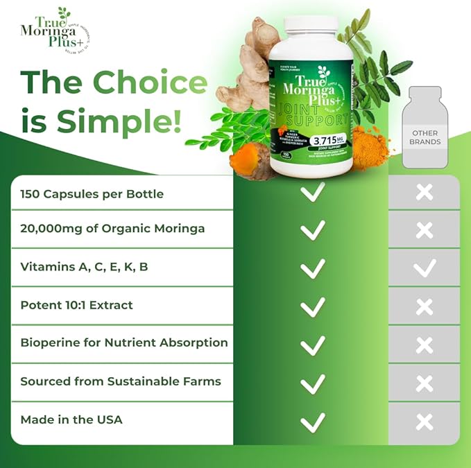 True Moringa Plus+ Joint Support Supplement 10:1 Extract | 20000mg of Organic Moringa Turmeric Curcumin Ginger Boswellia BioPerine | Extra Strength Herbal Antioxidant for Adults (150 Capsules)