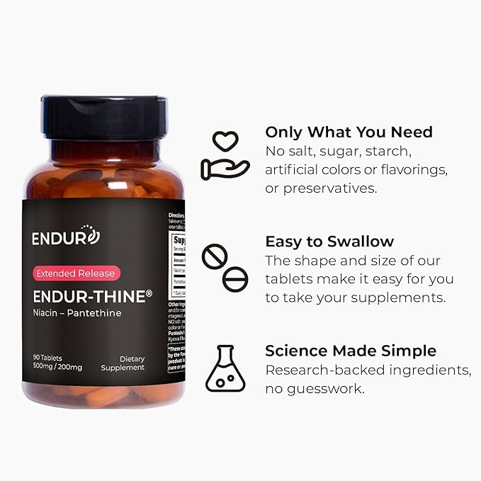 ENDUR-Thine Niacin – Pantethine Heart &amp Liver Health Supplement Efficient Formula for Optimal Absorption Gluten Free 500mg (90 Tablets)