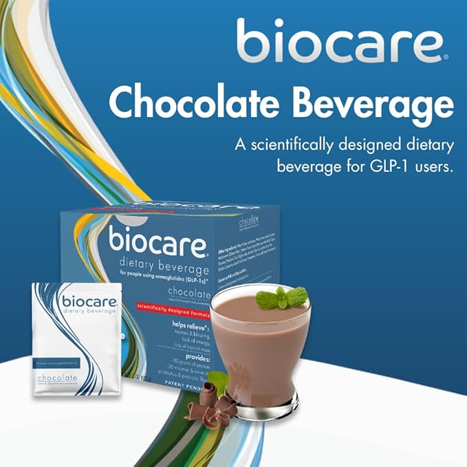 Biocare Nutritional Beverage for GLP-1 Users Dietary Powder Drink Provides 20g Essential Protein 26 Vitamins/Minerals Helps Ease Nausea Bloating Constipation Chocolate (14 Count)