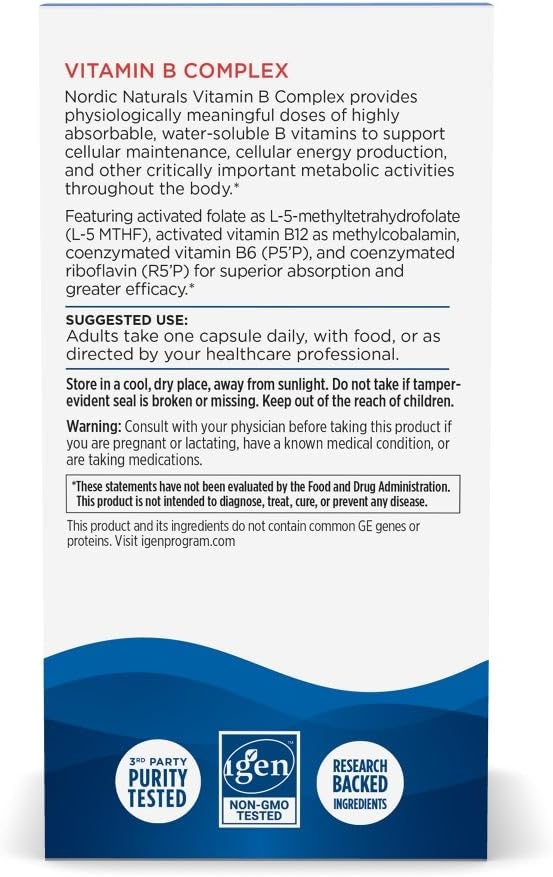 Nordic Naturals Vitamin B Complex - 45 Capsules Thiamine Riboflavin Niacin B6 &amp B12 Folate Biotin Pantothenic Acid Heart Brain Health Energy Metabolism Non-GMO Servings