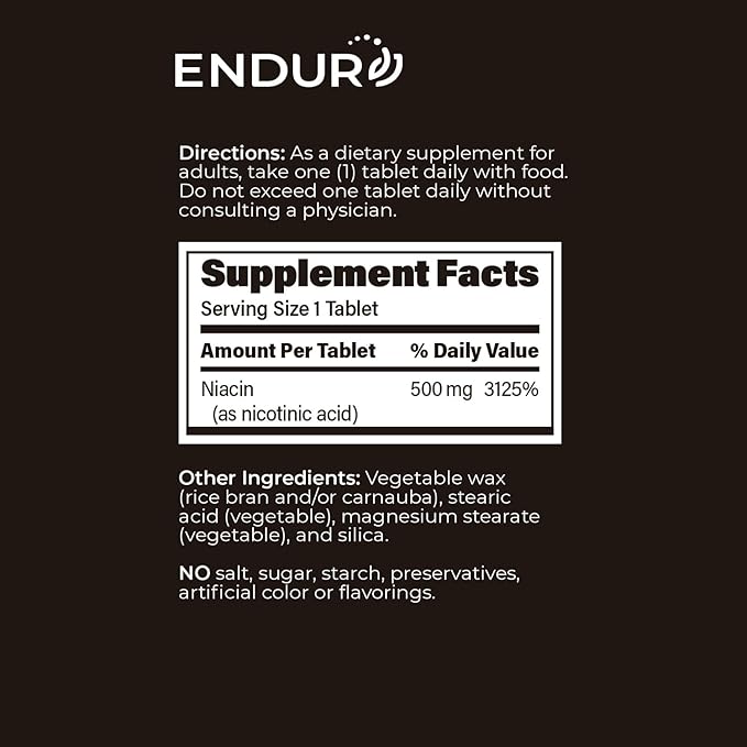 ENDUR-ACIN Niacin Supports Heart &amp Circulatory Function Extended Release Formula Gluten Free 500mg (100 Tablets)