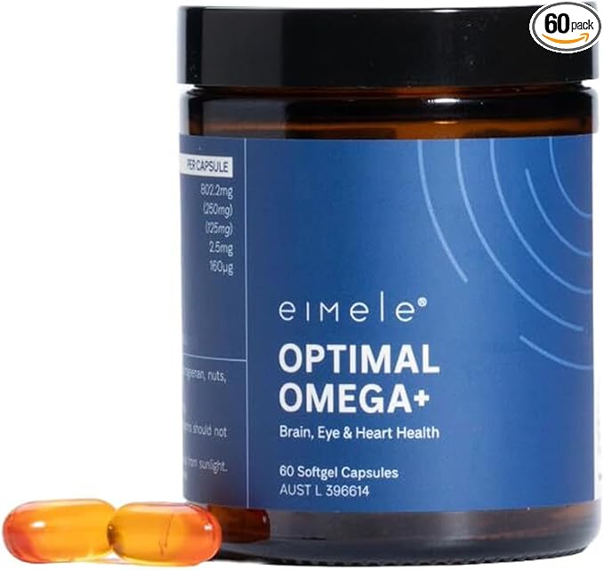 eimele | Optimal Omega+ | Plant-Based Omega-3 EPA &amp DHA | Supplement for Brain Eye &amp Heart Health | Antioxidant Support for Cognitive Function &amp Wellbeing | Non-GMO | Vegan | 60 softgel C