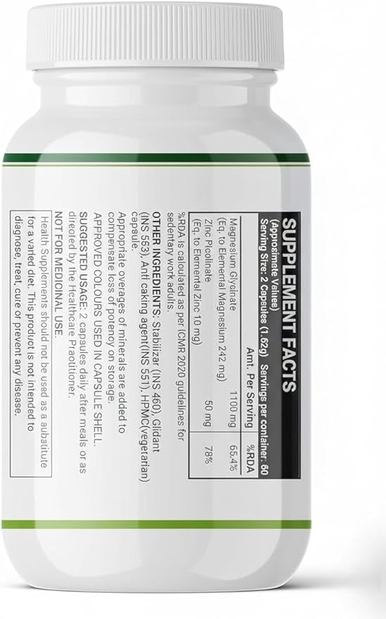 Magnesium Glycinate 1100mg (Elemental Magnesium 242mg) with Zinc 10mg (as Zinc Picolinate) Per Serving - 120 Capsules (Pack of 1)