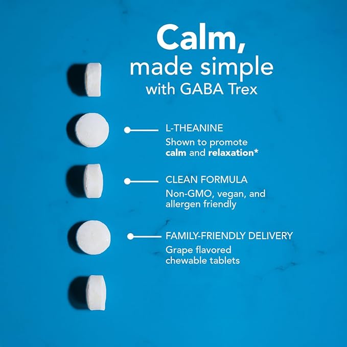 Neuroscience GABA Trex - Chewable GABA &amp L-Theanine Supplement and Calm Aid for Rest Relaxation and Stress Support - Vegan Sleep Aid Tablets - Grape Flavored (60 Tablets)
