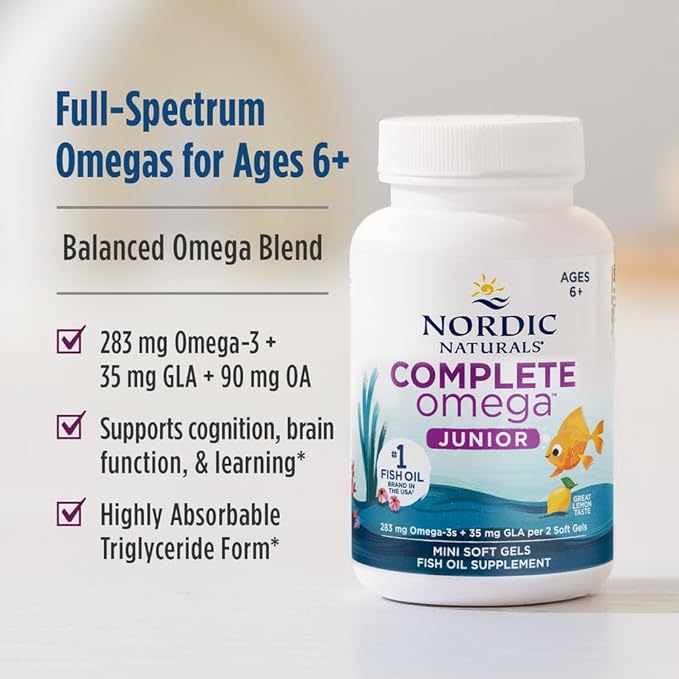 Nordic Naturals Complete Omega Jr. Lemon - 180 Mini Soft Gels - 283 mg Total Omega-3s &amp 35 mg GLA - Healthy Cognition Nervous System Function - Non-GMO - 90 Servings