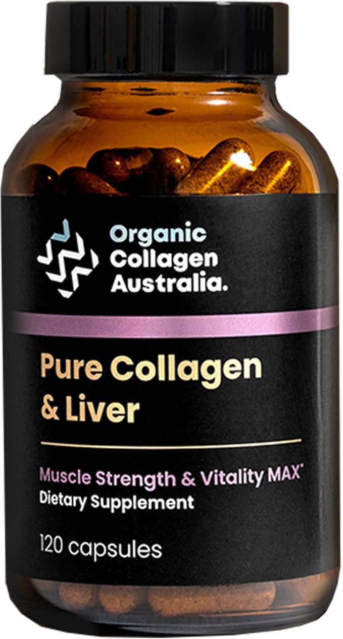 Organic Collagen Australia Pure Collagen &amp Liver Capsules – Muscle Strength &amp Vitality with Hydrolyzed Collagen Grass-Fed Liver and Vitamin B12 – 120 Capsules