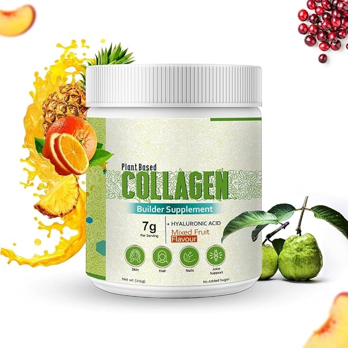 Plant Based Skin Collagen Builder Powder for Men &amp Women Mixed Fruit with Hyaluronic Acid Biotion Vitamin E &amp C | Skin Collagen Booster | Healthy Skin Joints Hairs &amp Nails 210g (Pack