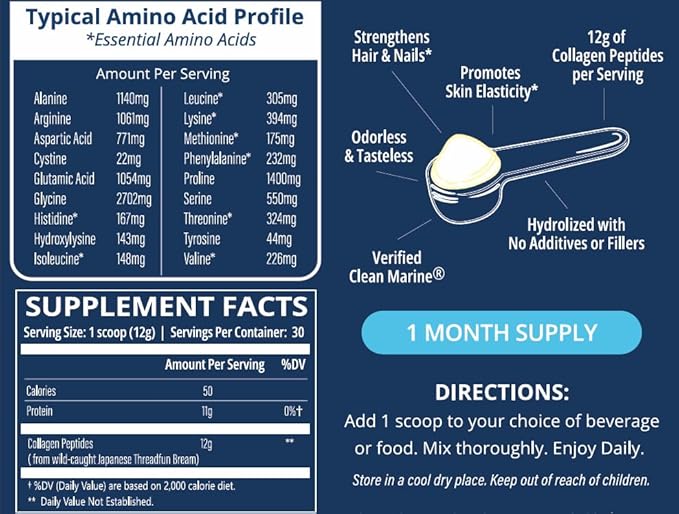 Hydrolyzed Marine Collagen Peptides Powder - Sourced from Wild-Caught Fish Pescatarian Friendly Keto Certified &amp Non-GMO - Easy to Mix - Single Ingredient (30 Servings)