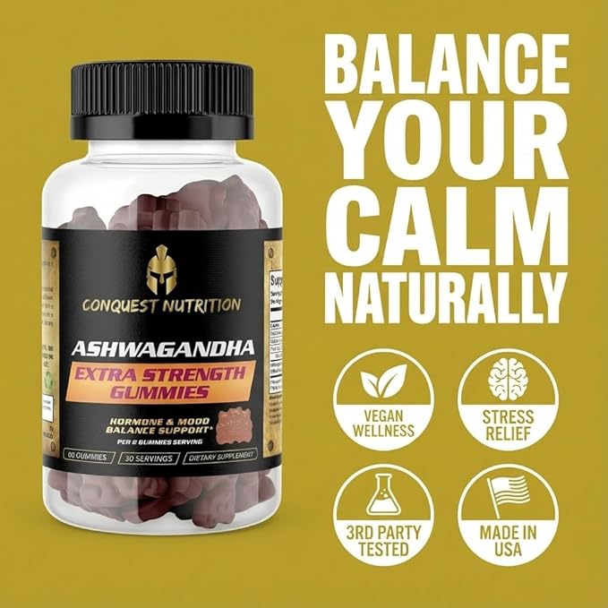 Ashwagandha Extra Strength Vegan Gummies – Stress Relief &amp Calm Support Adaptogen Supplement for Relaxation Mood &amp Energy Balance Non-GMO Natural Flavor 60 Gummies