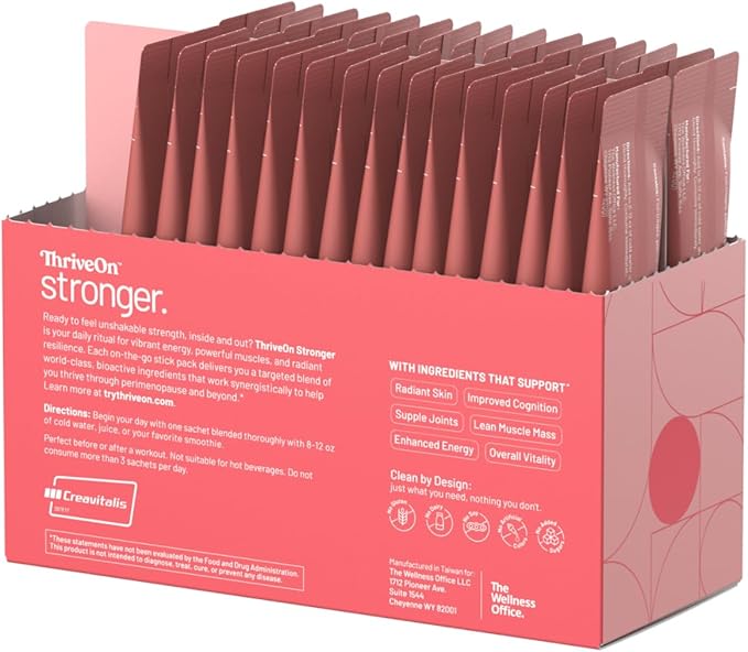 ThriveOn Stronger - Women's Creatine &amp Collagen Supplement for Midlife Support - Bone Muscle Cognitive &amp Energy Support* - Gluten-Free &amp Dairy-Free - Orange-Mango Flavor - 30 Count (30 S