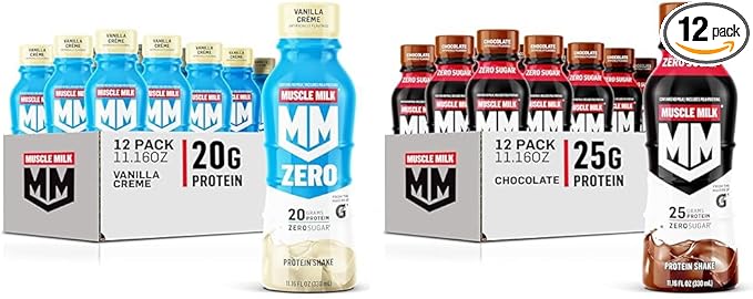 Muscle Milk Zero Protein Shake Vanilla Crème 20g Protein Zero Sugar 100 Calories Calcium &amp Genuine Protein Shake Chocolate 25g Protein 11.16 Fl Oz (Pack of 12)
