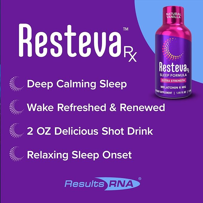 Results RNA Resteva Rx Sleep Aid: Delicious Fast-Acting Liquid Formula. Relaxing Mind &amp Body Promoting deep Sleep. Wake Refreshed with no Grogginess. Naturally sweetened 12 Pack