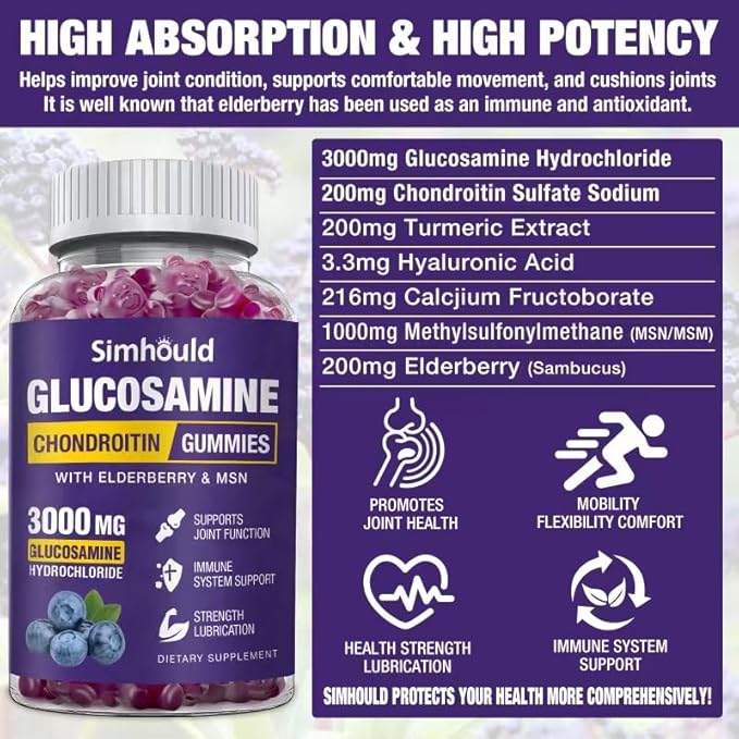2 Packs Glucosamine Chondroitin Gummies - 3000MG Extra Strength Joint Support Supplement with MSM &amp Elderberry Flexibility Antioxidant Immune Support Gummy for Adults Men &amp Women