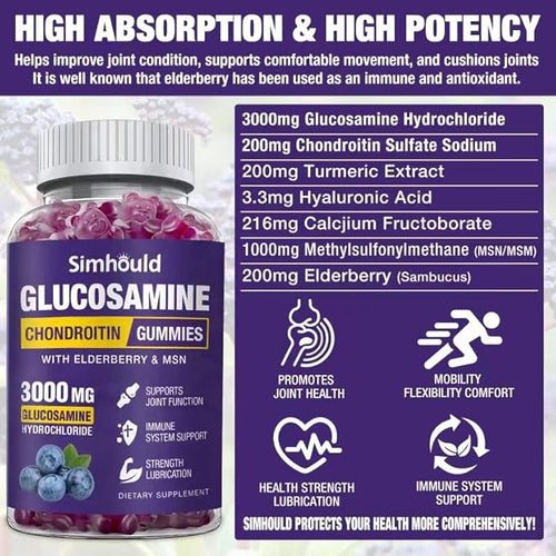 2 Packs Glucosamine Chondroitin Gummies - 3000MG Extra Strength Joint Support Supplement with MSM &amp Elderberry Flexibility Antioxidant Immune Support Gummy for Adults Men &amp Women