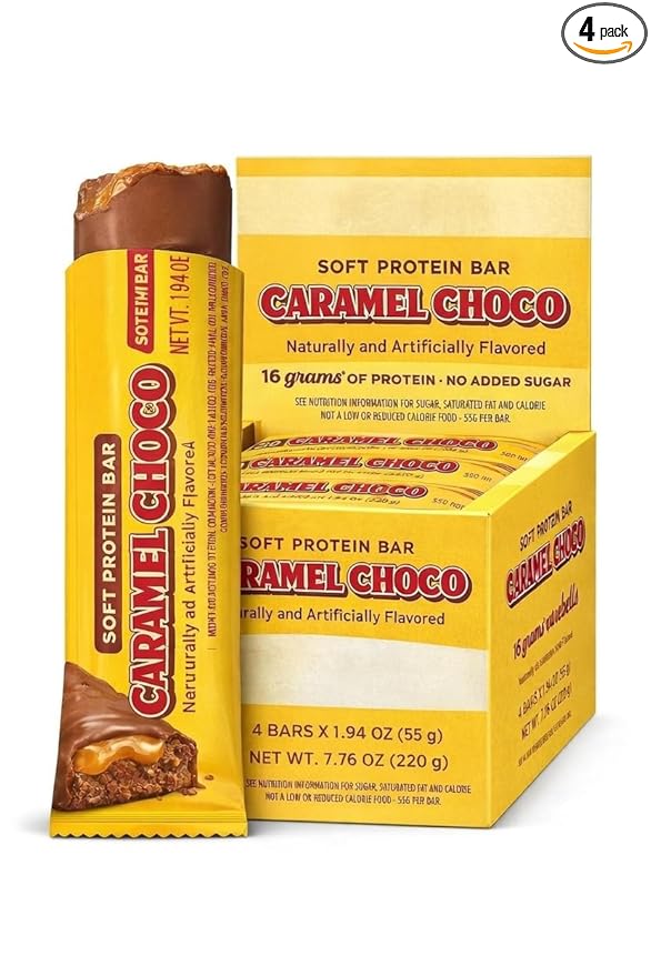 Barebels Soft Protein Bar Caramel Choco - 16g High Protein No Added Sugar Low Sugar Snack Bars Fluffy Chocolate Caramel Filling On-the-Go Breakfast &amp Post-Workout Treat (Pack of 4 Bars 55g Ea