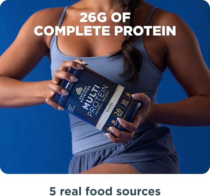 Ancient Nutrition Multi Protein Animal Based Powder 26g Protein Grass Fed Whey Bone Broth Collagen Peptides Colostrum &amp Probiotics Supports Joint &amp Gut Health Vanilla 15 Servings