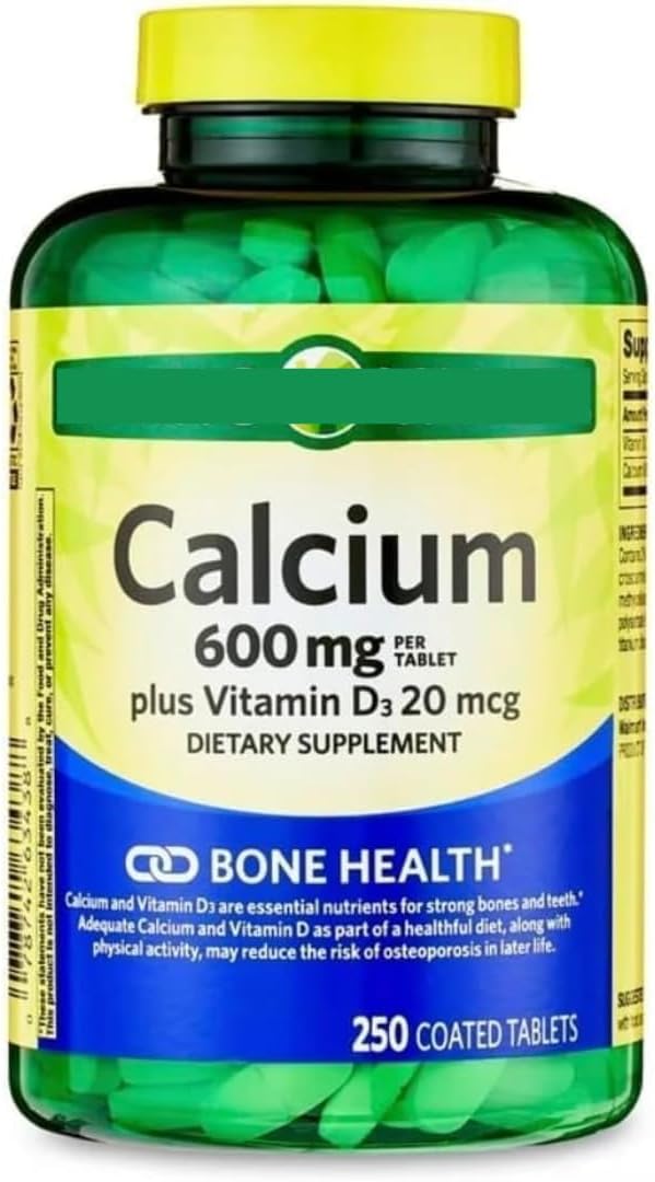 Calcium 600 mg with Vitamin D3 20 mcg Tablets – 250 Count Dietary Supplement – Bone Support Formula for Adults
