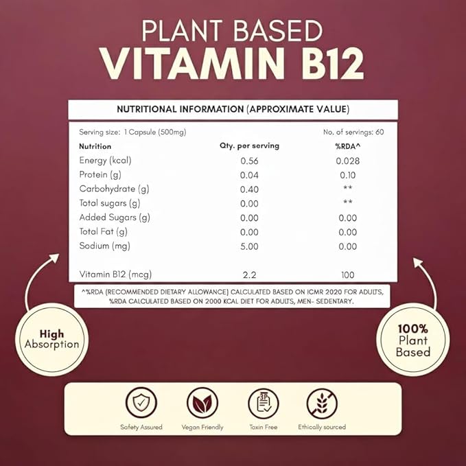 Plant Based Vitamin B12 Supplement for Men &amp Women | Organic Formulation for Vegetarians &amp Vegans to Support Nervous System &amp Brain Function (60 Capsules)