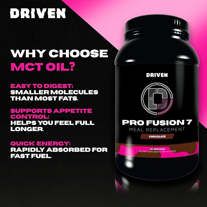 Driven Nutrition ProFusion7 Meal Replacement Protein – 24g Protein 7-Stage Blend 5g Fiber + MCT Oil – Smooth High-Protein Shake Mix for Anytime Nutrition (2.9lb Vanilla)