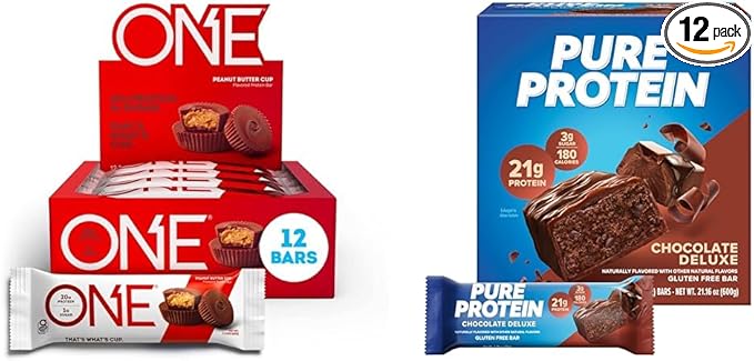 ONE Protein Bars Peanut Butter Cup 20g Protein 2.12 Ounce (12 Count) and Pure Protein Bars Chocolate Deluxe 21g Protein 1.76 oz 12 Count