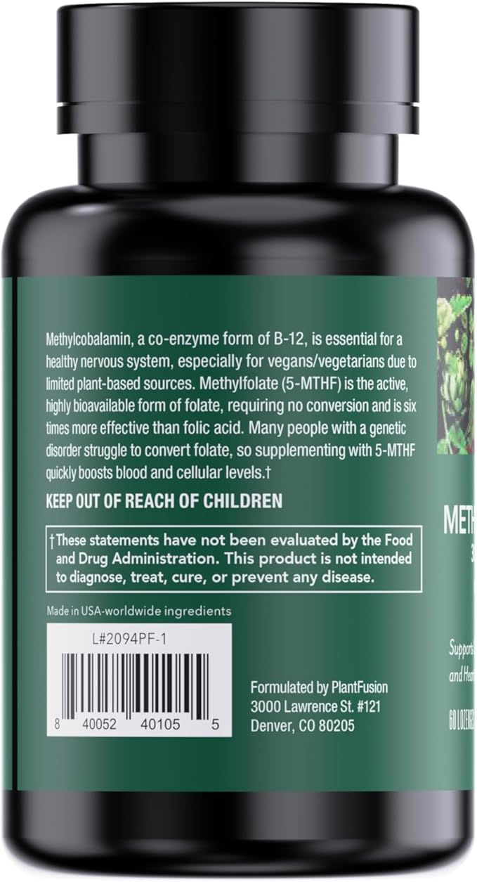 PlantFusion Vegan B12 Methyl 3000 mcg + Folate 400mcg - Sublingual Vitamins - Supports Energy Heart Health Nervous System - Cherry Flavor 60 High Potency Lozenges for Fast Absorption
