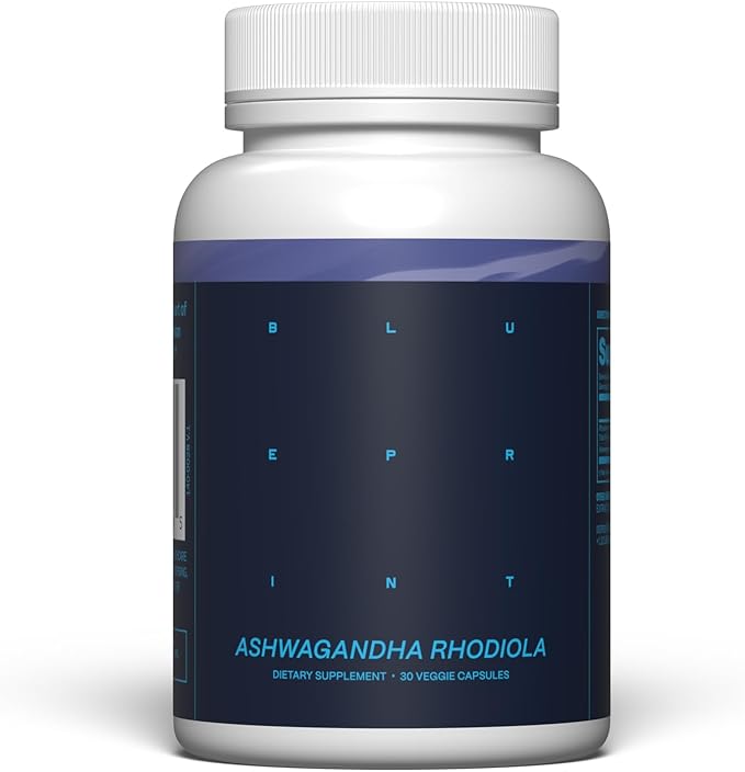 Blueprint Bryan Johnson Ashwagandha &amp Rhodiola Supplement – 120mg Ashwagandha + Rhodiola Root – Daily Adaptogen Capsules for Stress Support Mood Balance Energy &amp Focus – 30 Vegan Capsules