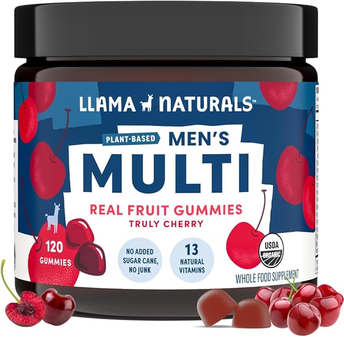 Llama Naturals Multivitamin for Men Vegan Organic Gummies with Vitamin D C and K Men's Real Fruit Gummy Vitamins Chewable Multivitamin Supplement No Added Sugar Cane Cherry 120 Ct