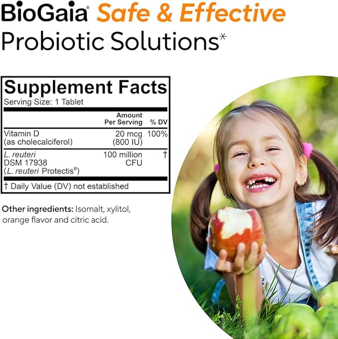 BioGaia Immune Active Kids | Probiotic + Vitamin D | for Digestive &amp Immune Health | Ages 3+ | Allergen Dairy Soy &amp Gluten Free | Trusted By Pediatricians | 60 Day Supply | Orange Flavored C