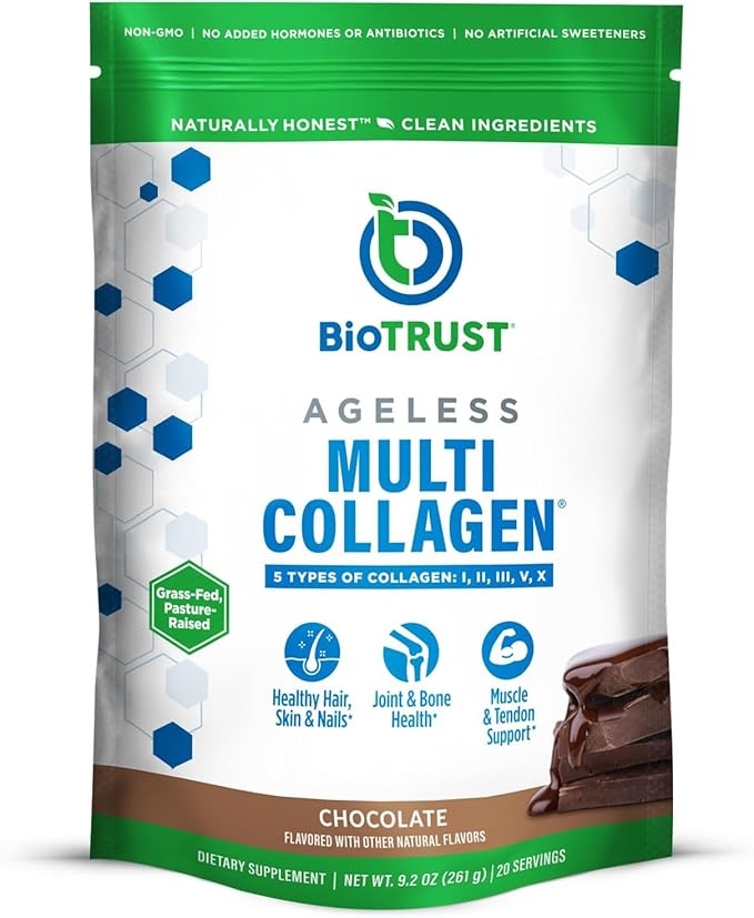 BioTrust Ageless Multi Collagen Peptides Powder – 5 Types (I II III V X) – Chocolate Collagen Powder for Women &amp Men – Hydrolyzed Protein – Grass Fed Beef Fish Chicken Eggshell Membrane
