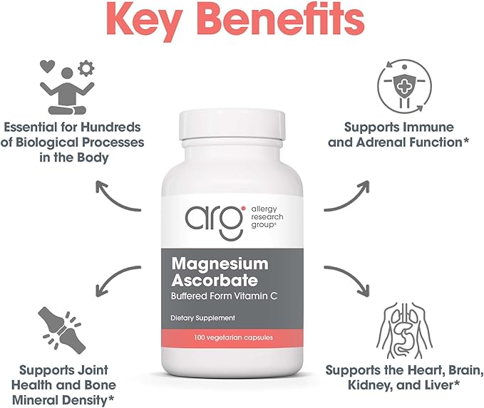 Allergy Research Group Magnesium Ascorbate Supplement - 1000mg Buffered Vitamin C Immune Support Magnesium Powder Vegetarian Capsules - 100 Count
