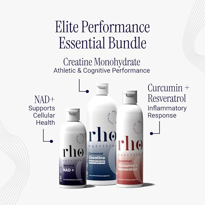 Rho Nutrition - Elite Performance Bundle – High Absorption Liposomal Supplements for Energy Recovery and Strength - NAD+ Curcumin + Resveratrol &amp Creatine (3 Pack)