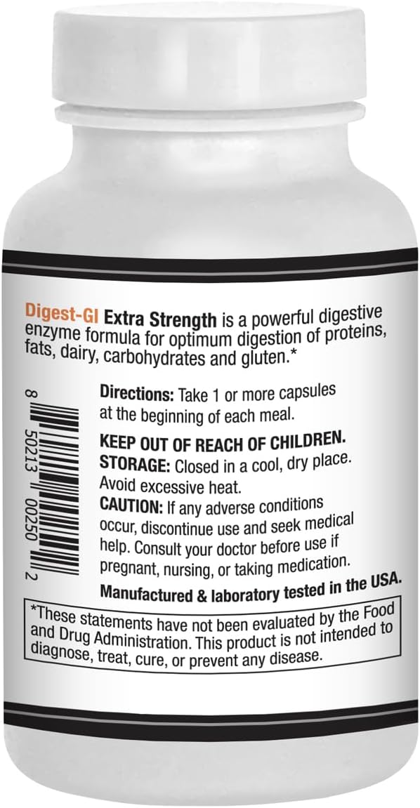 Digest-GI Extra Strength –Digestive Enzymes Supports Breakdown of Proteins Fats Carbohydrates and Gluten 60 Capsules